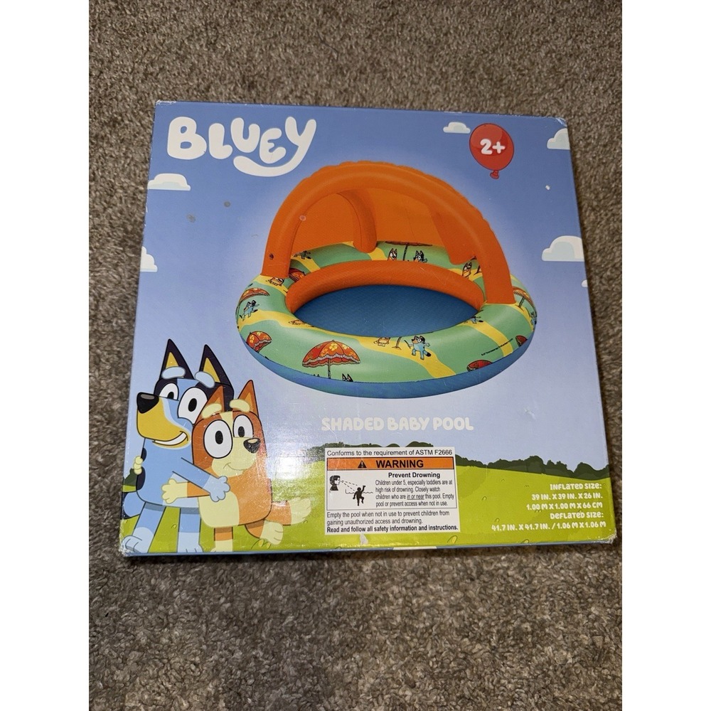 NIB Bluey Inflatable Shaded‎ Baby Pool Age 2+ Summer Swimming Kids Pool 39 inch